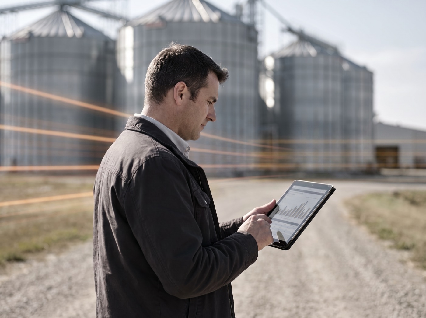 Profissional analisando indicadores em tablet em frente a silos de armazenamento
