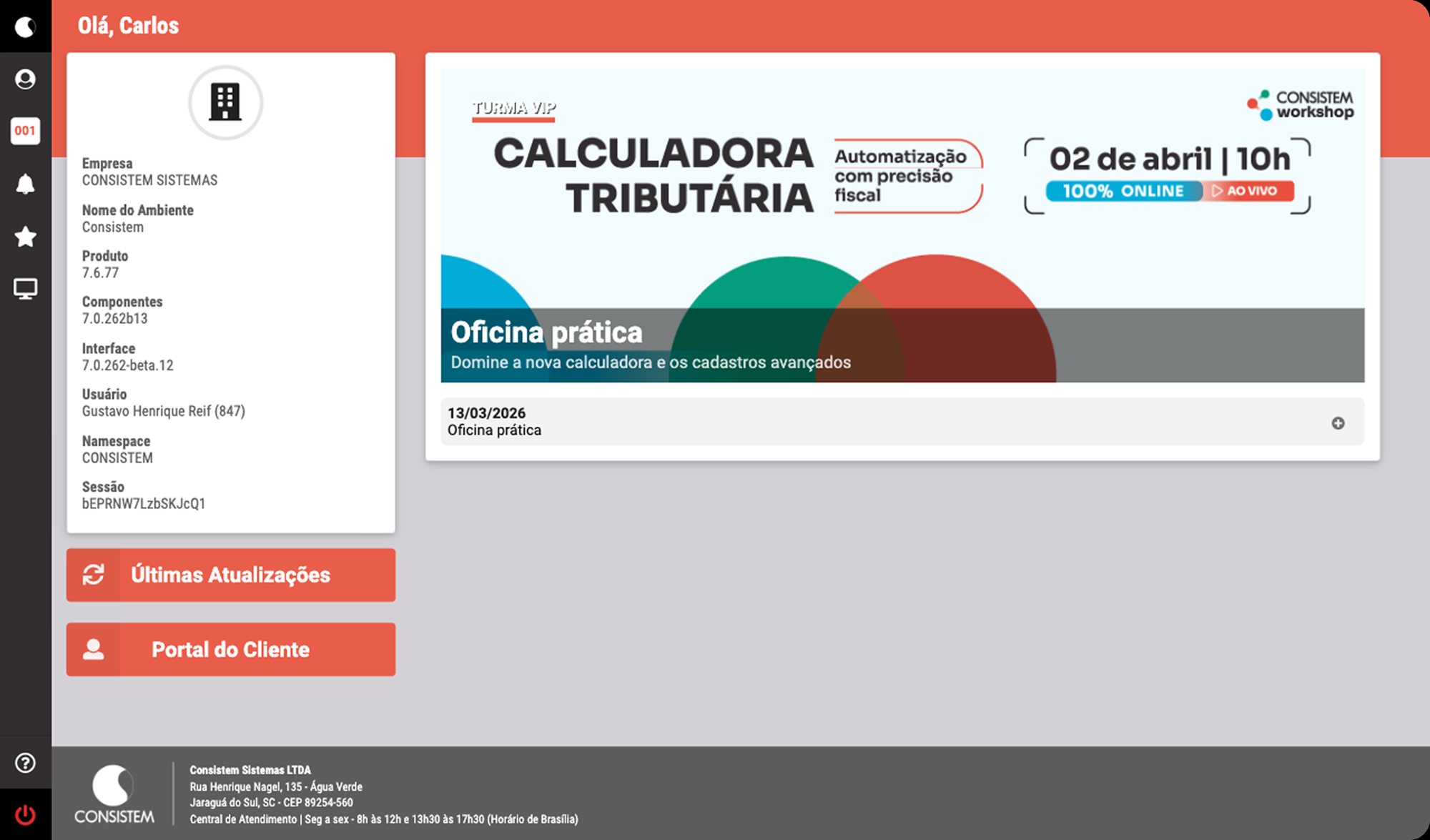 Tela inicial da interface anterior do Consistem ERP