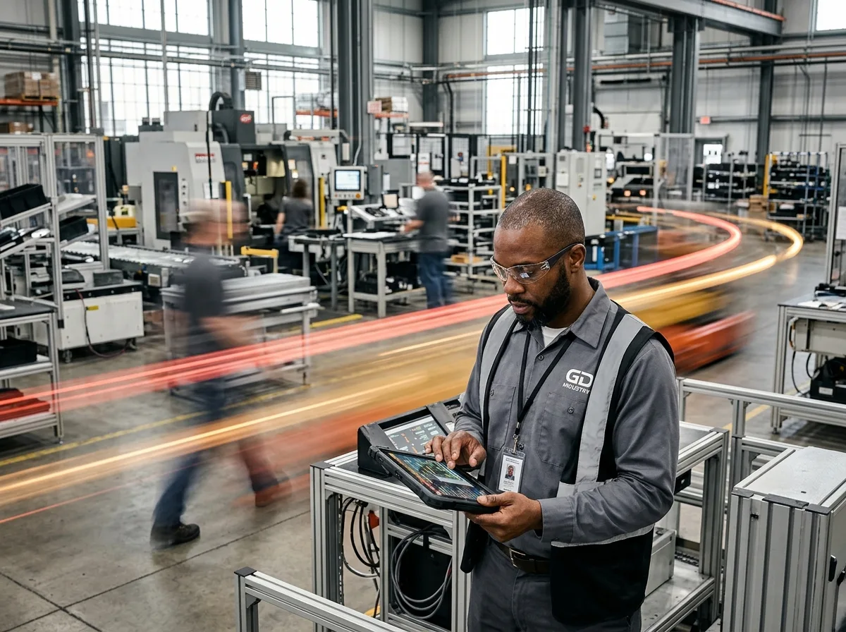 Operador de chão de fábrica consultando dados em tablet industrial.