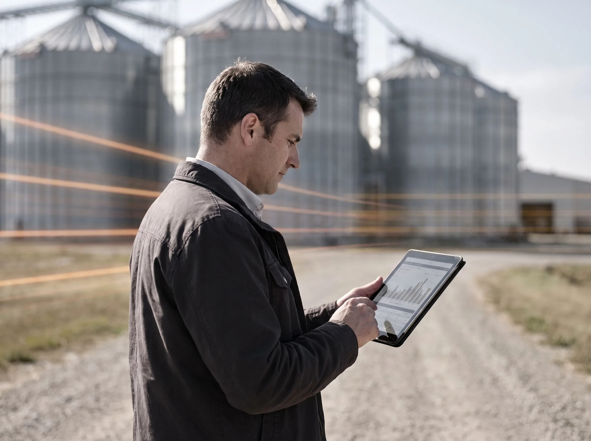 Gestor do agronegócio consultando dados em tablet em frente a silos.